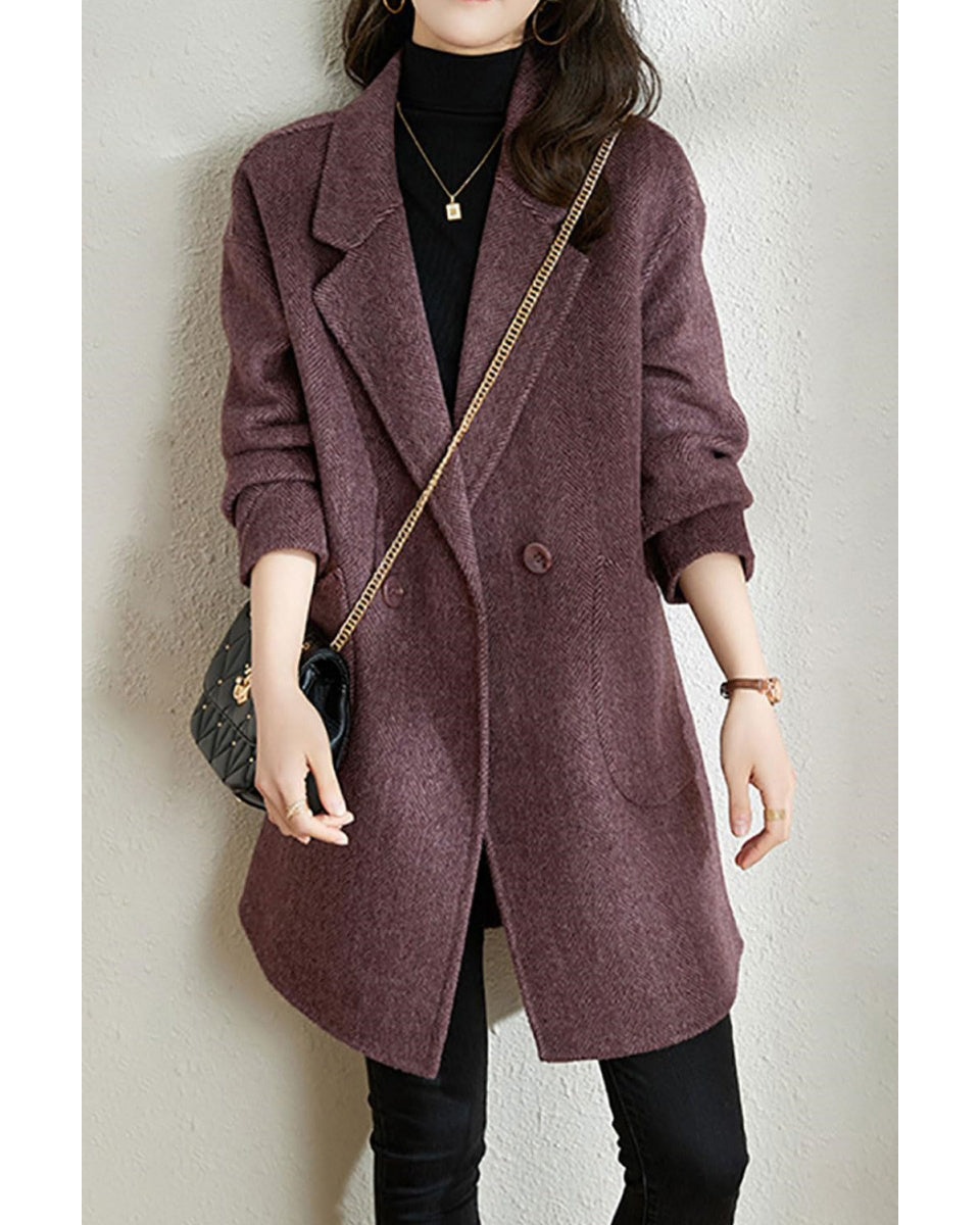Chouyatou Women's Notch Lapel Herringbone Wool Coat Formal Office Work Double Breasted Winter Pea Coat