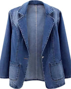 Chouyatou Women's Classic Notch Lapel Denim Blazer One Button Long Sleeve Slim Office Jean Jacket