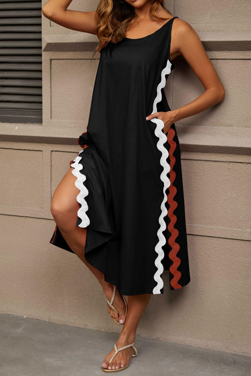Chouyatou Women's Summer Casual RIC Rac Spaghetti Strap Long Dress Boho Split Sleeveless Beach Sundress
