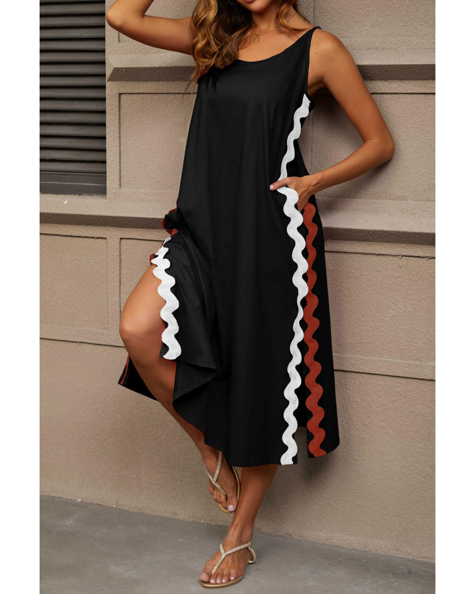 Chouyatou Women's Summer Casual RIC Rac Spaghetti Strap Long Dress Boho Split Sleeveless Beach Sundress