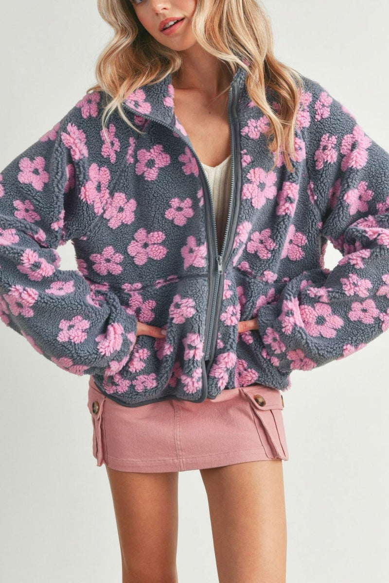 Chouyatou Women's Fall Winter Casual Cute Floral Fleece Jacket Fuzzy Zip Up Sherpa Jacket Faux Fur Coat