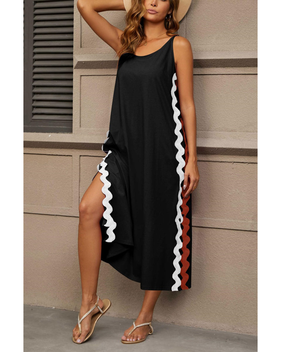 Chouyatou Women's Summer Casual RIC Rac Spaghetti Strap Long Dress Boho Split Sleeveless Beach Sundress