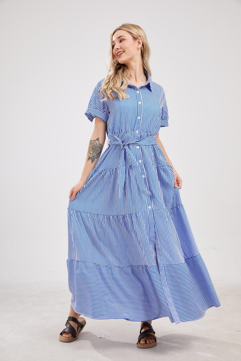 Chouyatou Womens Casual Short Sleeve Button Down Tie Waist Ruffled Striped Maxi Shirt Dress