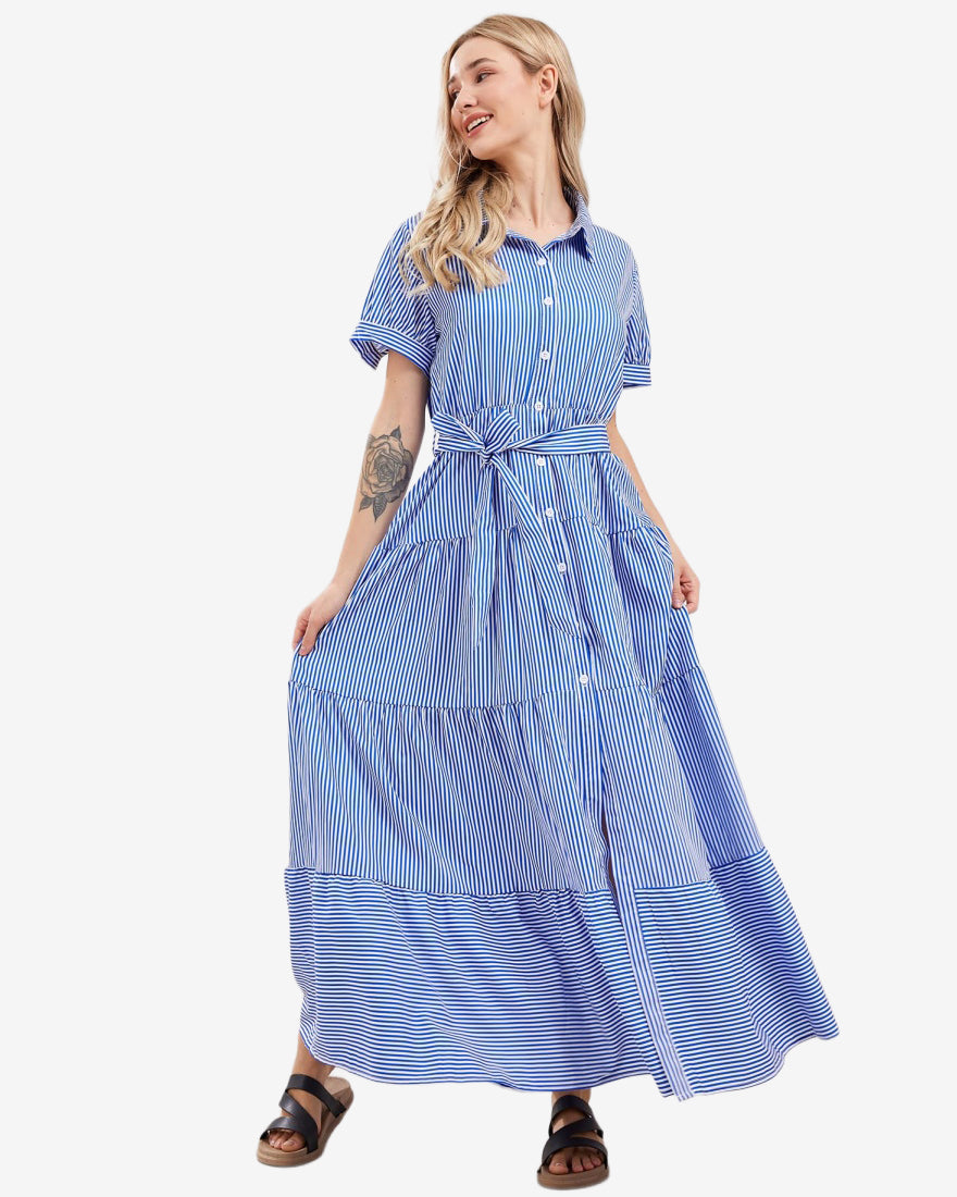 Chouyatou Womens Casual Short Sleeve Button Down Tie Waist Ruffled Striped Maxi Shirt Dress