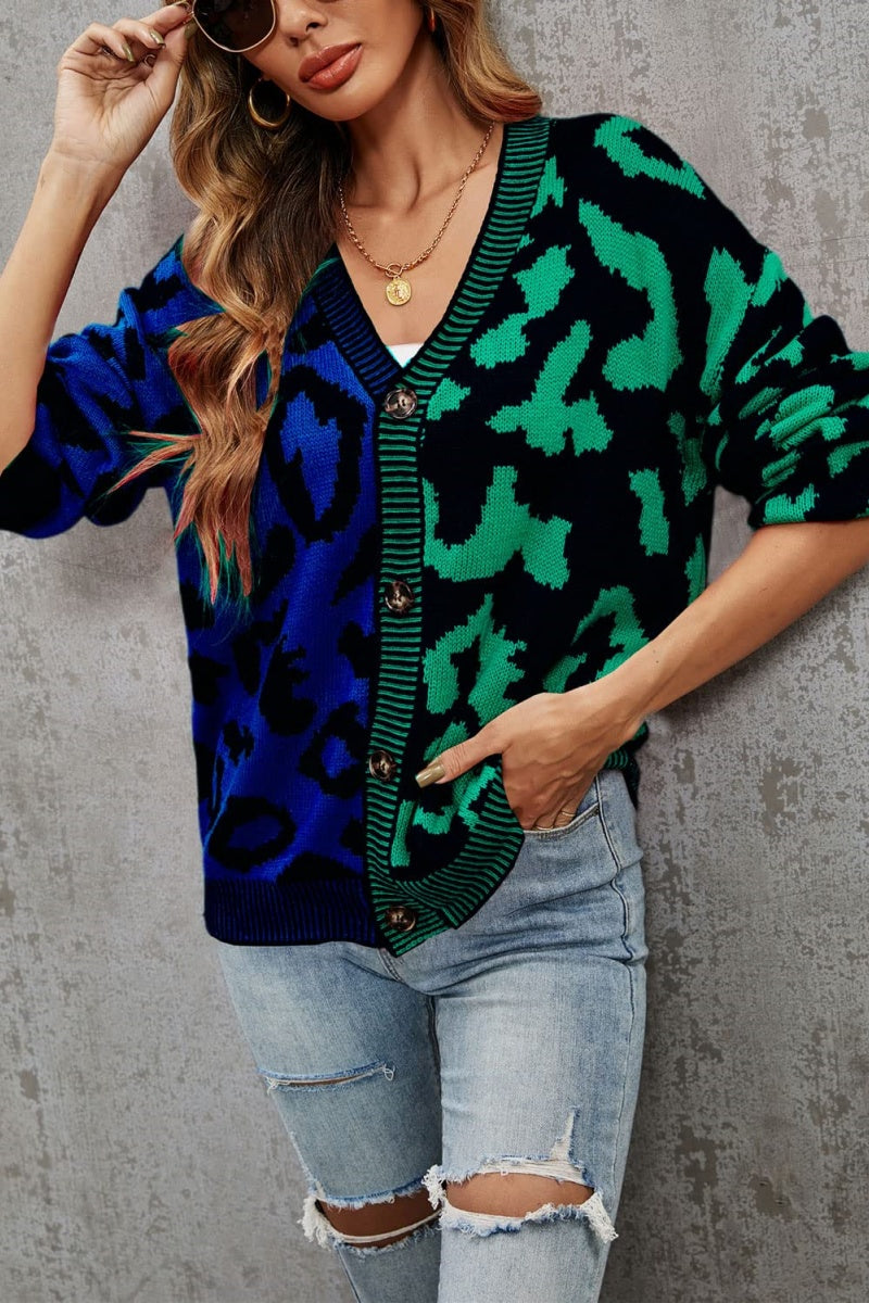 Chouyatou Women's Color Block Leopard Print Button Down Long Sleeve Cardigan Sweaters