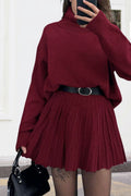 Chouyatou Women's 2 Piece Sweater Skirt Sets Turtleneck Pullover Tops Mini Pleated Skirt Two Piece Knitted Outfits