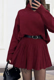 Chouyatou Women's 2 Piece Sweater Skirt Sets Turtleneck Pullover Tops Mini Pleated Skirt Two Piece Knitted Outfits