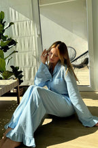 Chouyatou Womens Muslin Pajama Set Cotton Gauze Loungewear 3 Piece Long Sleeve Button Down Sleepwear Ruffle Pj Set