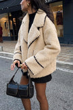 Chouyatou Women's Winter Casual Embroidered Sherpa Jacket Notch Lapel Fuzzy Faux Fur Fleece Jacket Coat