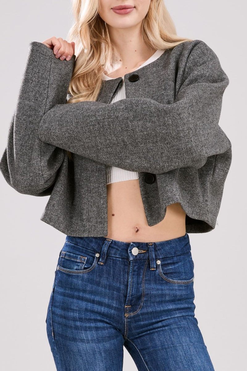 Chouyatou Women Cropped Wool Blend Pea Coat Short Jacket Peacoat Long Sleeve Button Down Crop Jacket