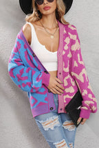 Chouyatou Women's Color Block Leopard Print Button Down Long Sleeve Cardigan Sweaters