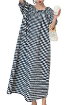 Chouyatou Women's Casual Gingham Loose-Fit Swing Dress Cotton Linen Lantern Puff Sleeve Plaid Maxi Dress