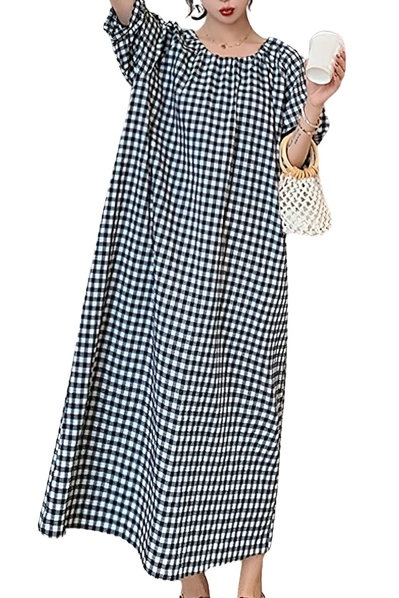Chouyatou Women's Casual Gingham Loose-Fit Swing Dress Cotton Linen Lantern Puff Sleeve Plaid Maxi Dress