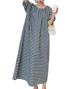 Chouyatou Women's Casual Gingham Loose-Fit Swing Dress Cotton Linen Lantern Puff Sleeve Plaid Maxi Dress
