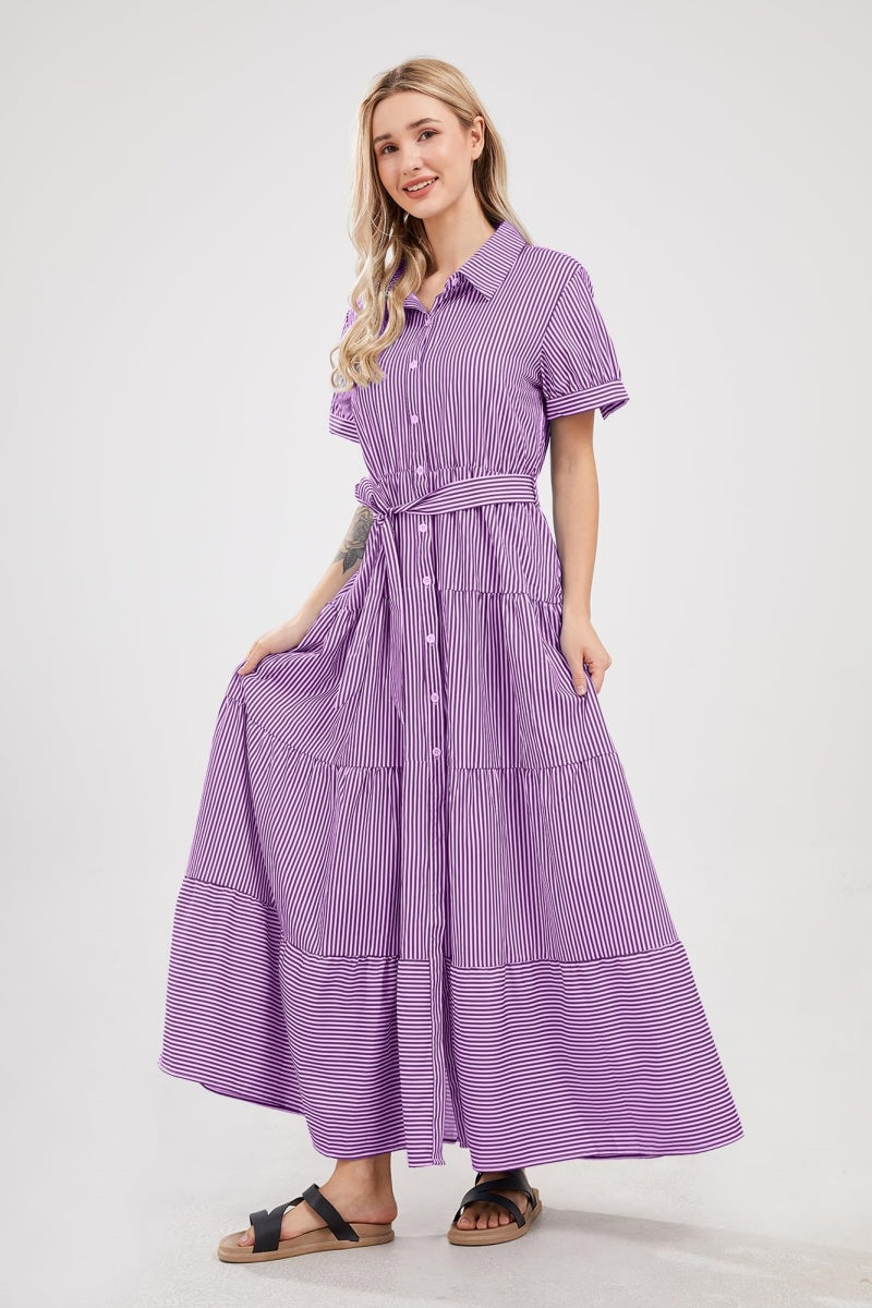 Chouyatou Womens Casual Short Sleeve Button Down Tie Waist Ruffled Striped Maxi Shirt Dress