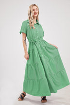 Chouyatou Womens Casual Short Sleeve Button Down Tie Waist Ruffled Striped Maxi Shirt Dress
