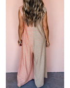 Chouyatou Loose Striped Wide Leg Jumpsuit for Women Summer Romper Flowy Pants Comfy Sleeveless Button Baggy Overalls