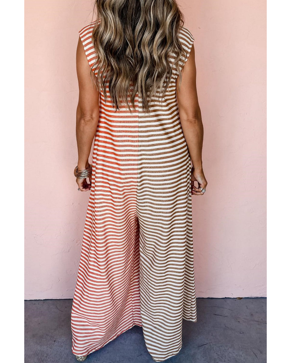 Chouyatou Loose Striped Wide Leg Jumpsuit for Women Summer Romper Flowy Pants Comfy Sleeveless Button Baggy Overalls