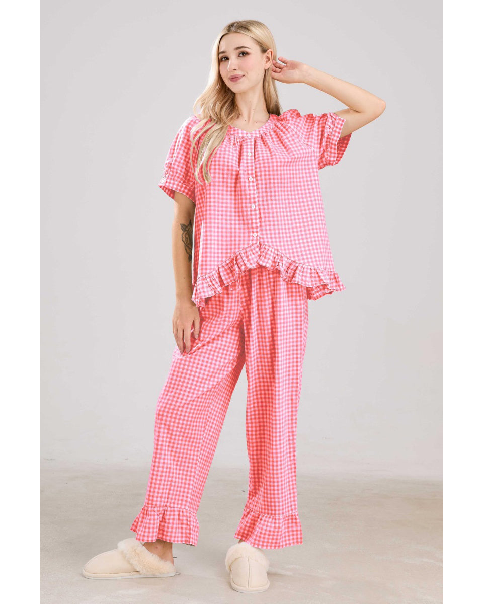 Chouyatou Womens Gingham Pajama Set 2 Piece Short Sleeve Babydoll Shirt and Pants Lounge Set Cute Sleepwear
