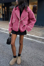 Chouyatou Women's Winter Casual Embroidered Sherpa Jacket Notch Lapel Fuzzy Faux Fur Fleece Jacket Coat