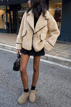 Chouyatou Women's Winter Casual Embroidered Sherpa Jacket Notch Lapel Fuzzy Faux Fur Fleece Jacket Coat