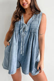Chouyatou Womens Casual Sleeveless Tie Front Denim Romper Overall Shorts Summer Jean Romper With Pocket