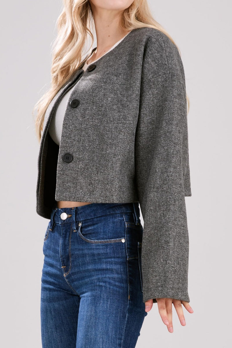 Chouyatou Women Cropped Wool Blend Pea Coat Short Jacket Peacoat Long Sleeve Button Down Crop Jacket
