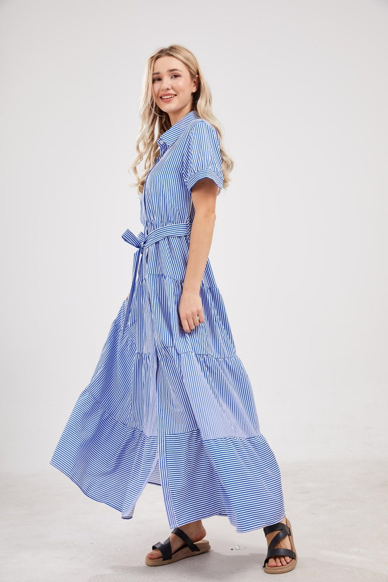 Chouyatou Womens Casual Short Sleeve Button Down Tie Waist Ruffled Striped Maxi Shirt Dress