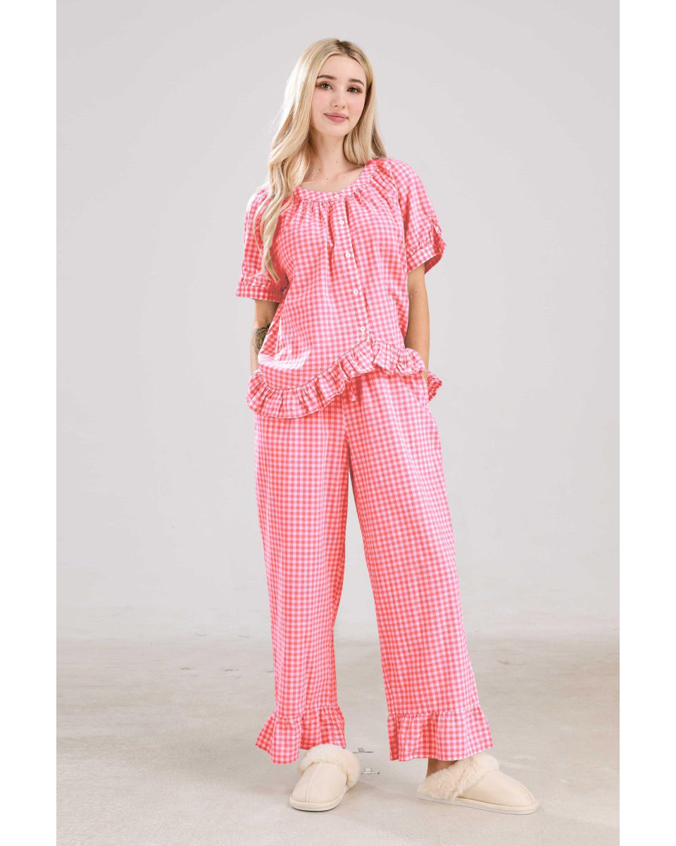 Chouyatou Womens Gingham Pajama Set 2 Piece Short Sleeve Babydoll Shirt and Pants Lounge Set Cute Sleepwear
