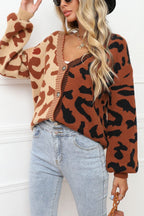 Chouyatou Women's Color Block Leopard Print Button Down Long Sleeve Cardigan Sweaters