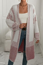Chouyatou Women's Color Block Striped Fuzzy Long Cardigan Sweaters Open Front Diagonal Stripe Knit Cardigan Jacket Coat