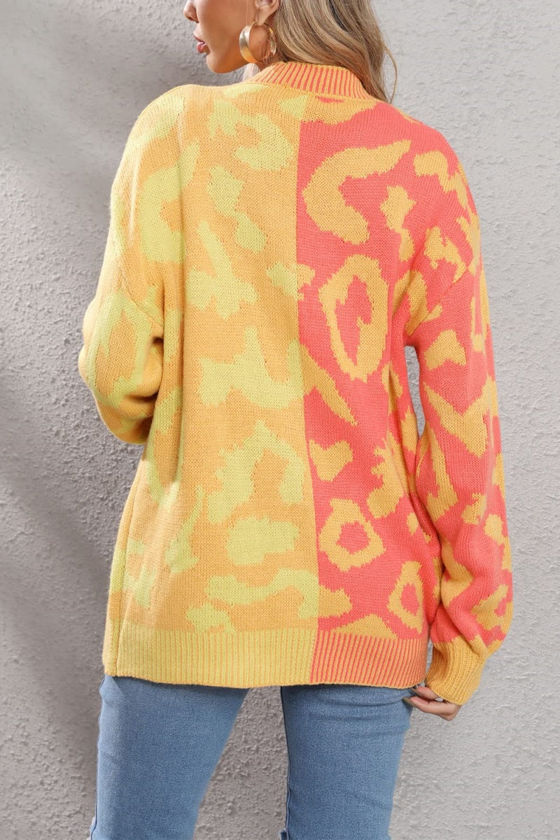 Chouyatou Women's Color Block Leopard Print Button Down Long Sleeve Cardigan Sweaters