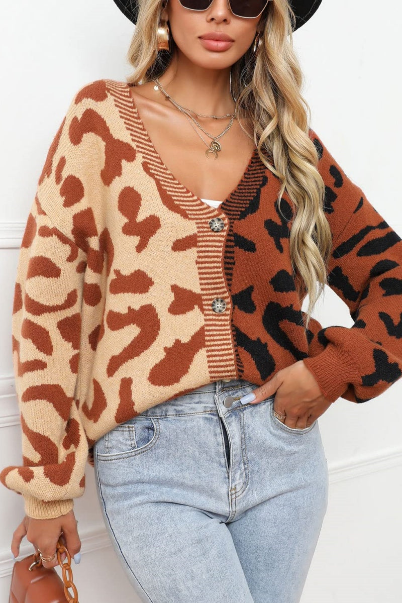 Chouyatou Women's Color Block Leopard Print Button Down Long Sleeve Cardigan Sweaters
