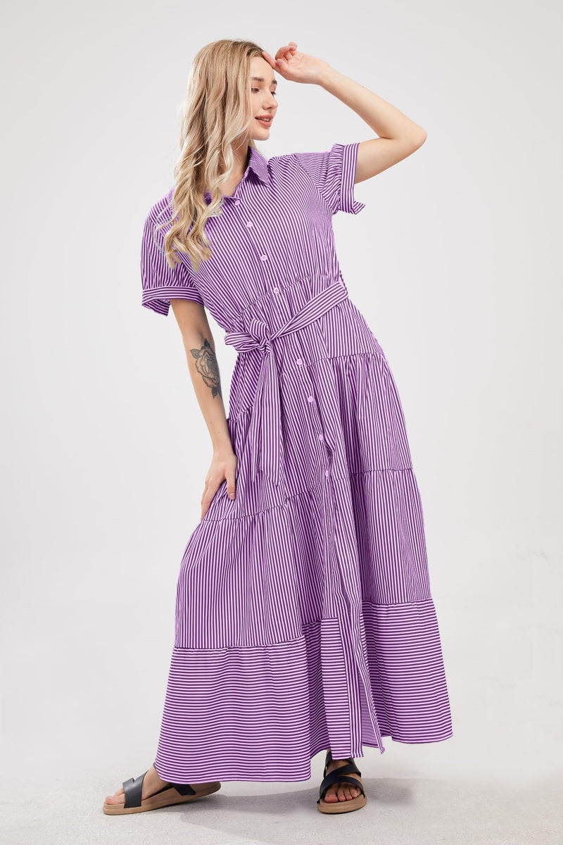 Chouyatou Womens Casual Short Sleeve Button Down Tie Waist Ruffled Striped Maxi Shirt Dress