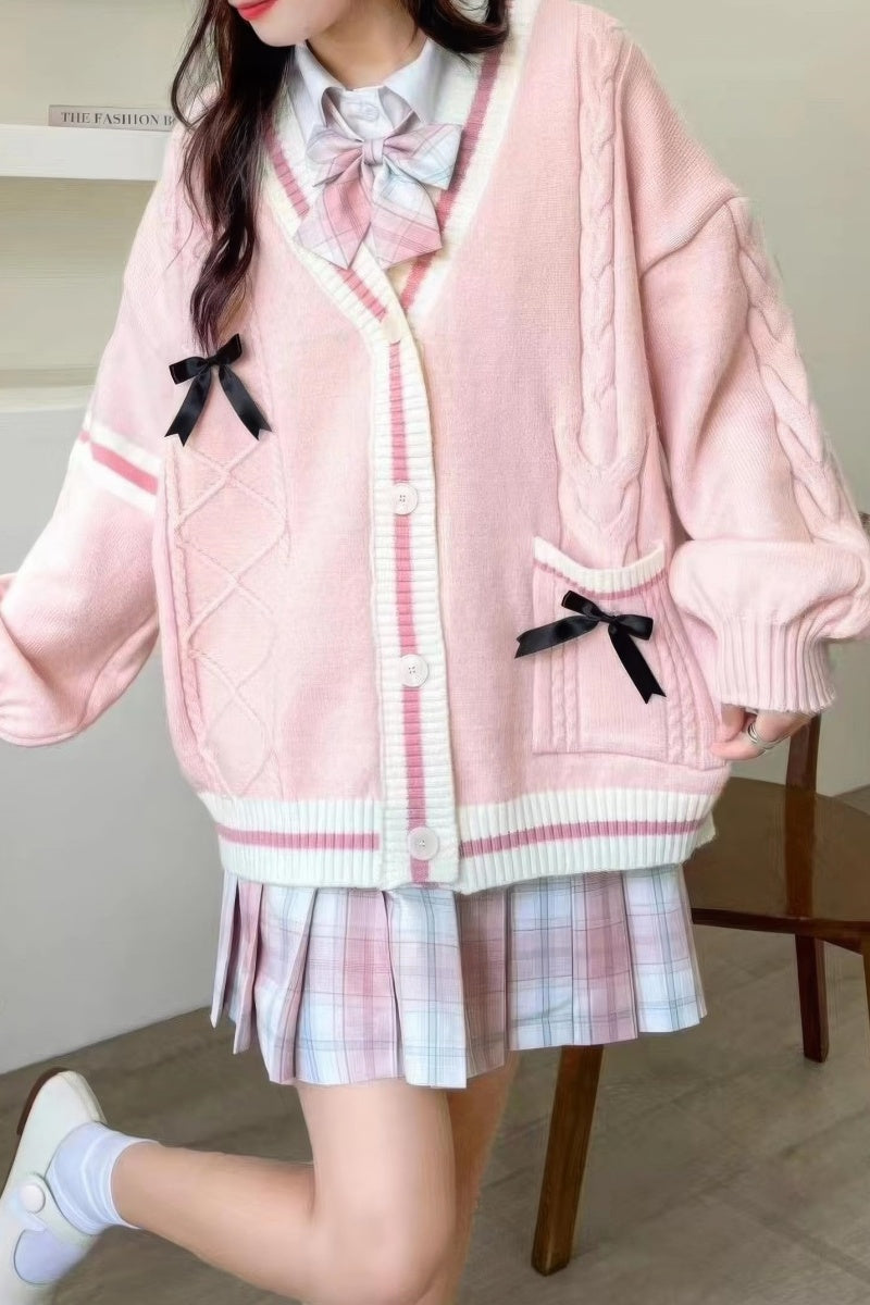Chouyatou Womens Kawaii Cute Bowknot Cable Knit Cardigans Sheep V Neck Button Down Slouchy Preppy Wool Blend Sweater Coat