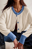 Chouyatou Women Knitted Button Down Cropped Cardigan Jacket Sweater Y2k Fall Knit Color Block Sweater Crewneck Crop Short Coat