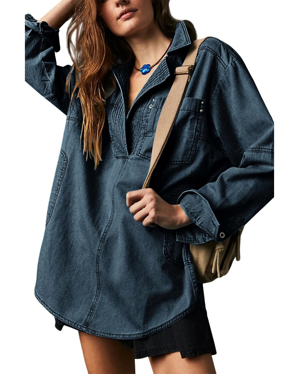 Chouyatou Women's Distressed V Neck Denim Jackets Boyfriend Loose Fit Bussiness Casual Jean Pullover Tops