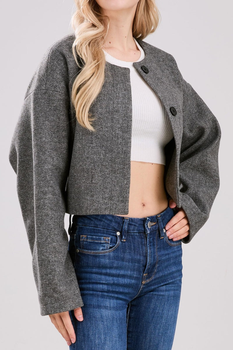 Chouyatou Women Cropped Wool Blend Pea Coat Short Jacket Peacoat Long Sleeve Button Down Crop Jacket