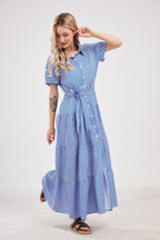 Chouyatou Womens Casual Short Sleeve Button Down Tie Waist Ruffled Striped Maxi Shirt Dress