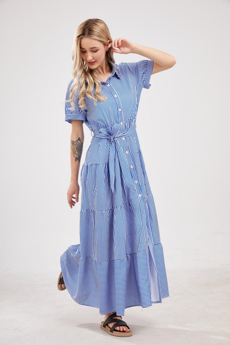 Chouyatou Womens Casual Short Sleeve Button Down Tie Waist Ruffled Striped Maxi Shirt Dress