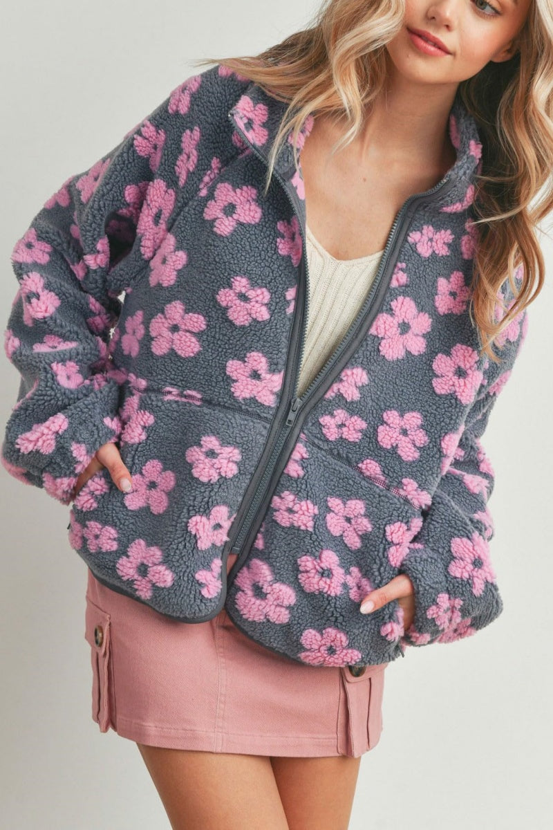 Chouyatou Women's Fall Winter Casual Cute Floral Fleece Jacket Fuzzy Zip Up Sherpa Jacket Faux Fur Coat