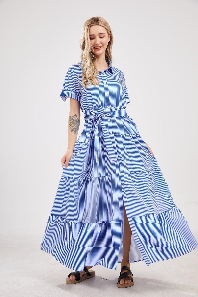 Chouyatou Womens Casual Short Sleeve Button Down Tie Waist Ruffled Striped Maxi Shirt Dress