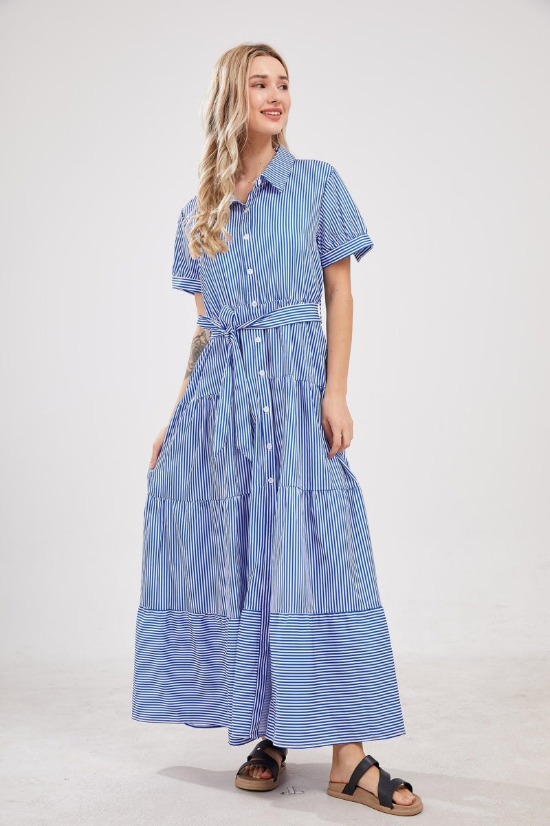 Chouyatou Womens Casual Short Sleeve Button Down Tie Waist Ruffled Striped Maxi Shirt Dress