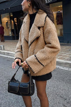 Chouyatou Women's Winter Casual Embroidered Sherpa Jacket Notch Lapel Fuzzy Faux Fur Fleece Jacket Coat