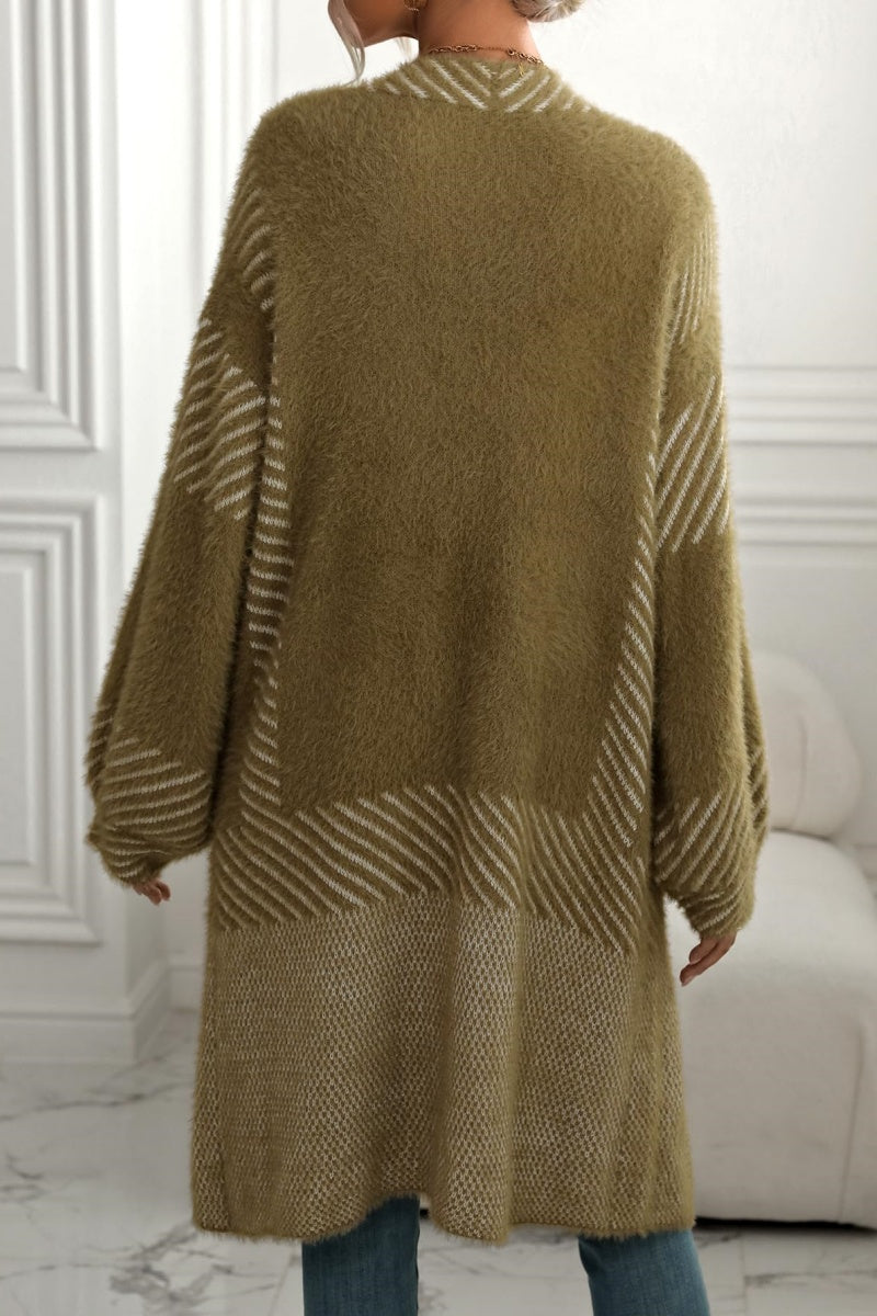 Chouyatou Women's Color Block Striped Fuzzy Long Cardigan Sweaters Open Front Diagonal Stripe Knit Cardigan Jacket Coat
