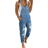 Chouyatou Women's Fashion Jean Bib Overalls Adjustable Straps Ripped Distressed Denim Denim Pants