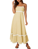 Chouyatou Women's Summer Dresses Spaghetti Strap Sleeveless Ruched Trim Boho Loose Fit Flared Midi Dress