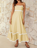 Chouyatou Women's Summer Dresses Spaghetti Strap Sleeveless Ruched Trim Boho Loose Fit Flared Midi Dress