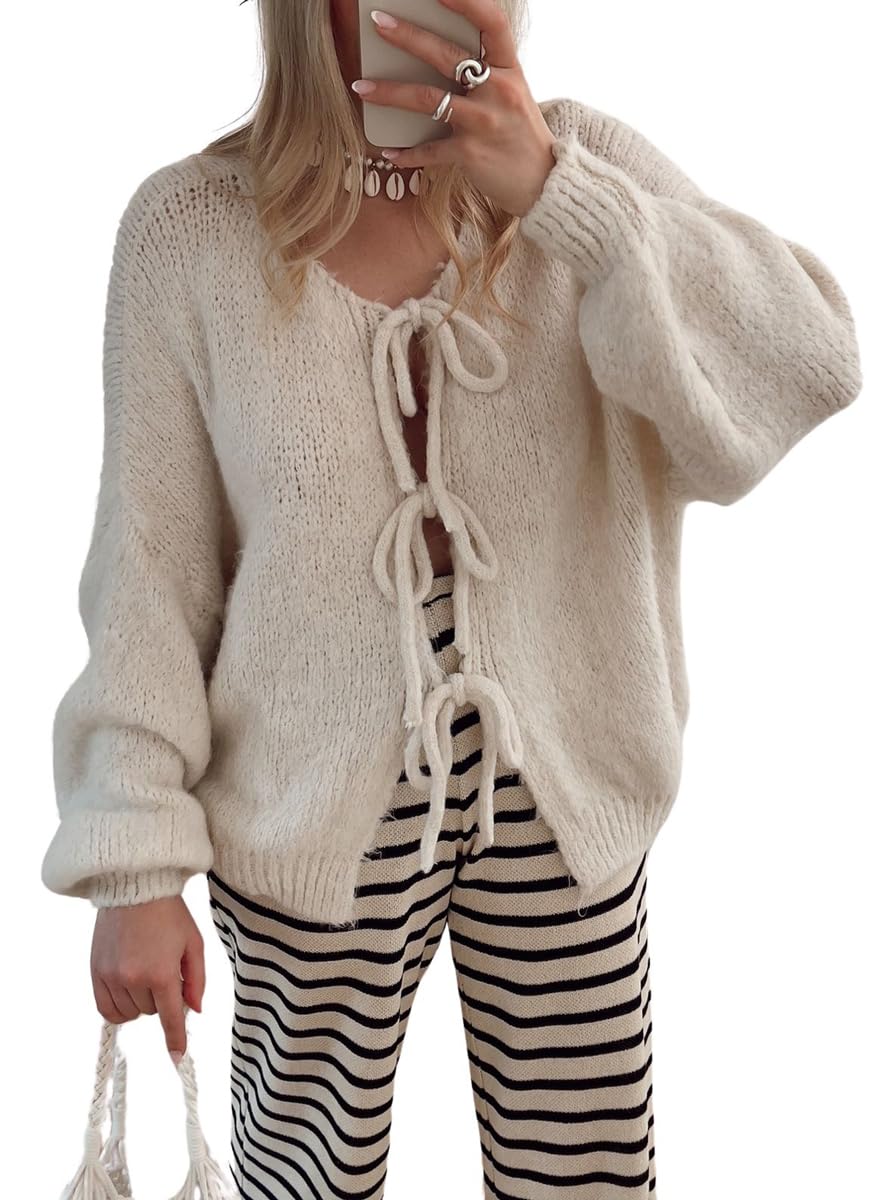 PICSCOVER Bow Knot Cardigan Fall Casual Oversized Ribbed Knit Sweater Cardigan Tops