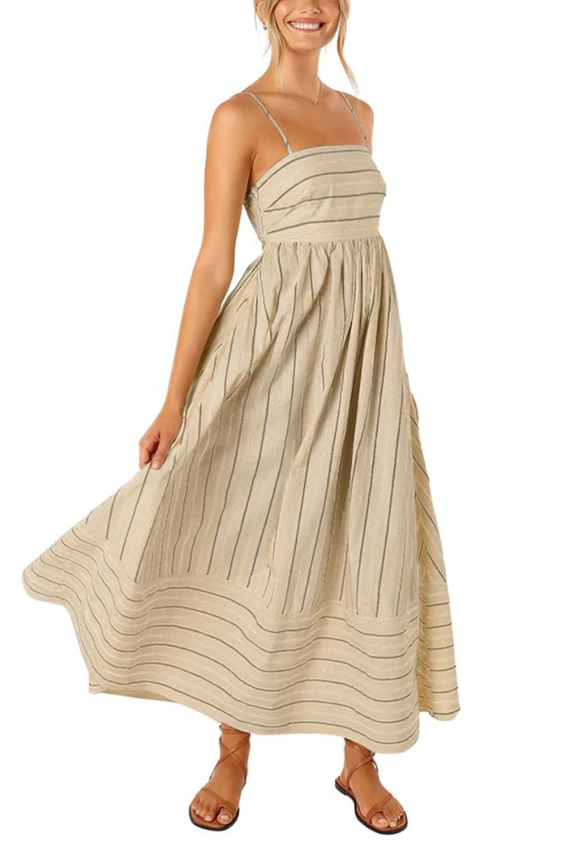 Chouyatou Women's Striped Back Smocked Maxi Dress Sexy Spaghetti Strap Cut Out Flowy Swing Long Dress